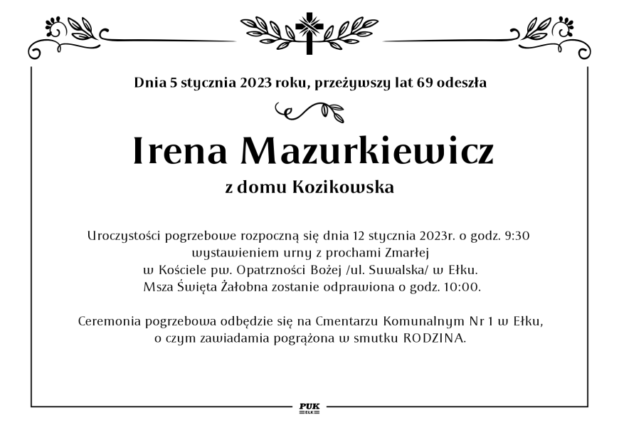 Irena Mazurkiewicz - nekrolog